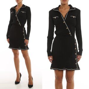 Self-Portrait Wrap Mini Dress Black Contrast Piping Ribbed Knit Chest Pockets